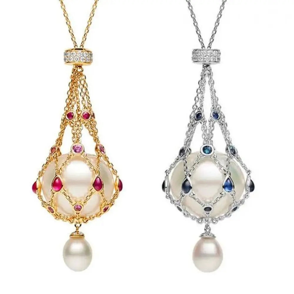 Metal Pearl Gemstone Lavalier Pendant Interchangeable Crystal Holder Cage Necklace Adjustable Chain