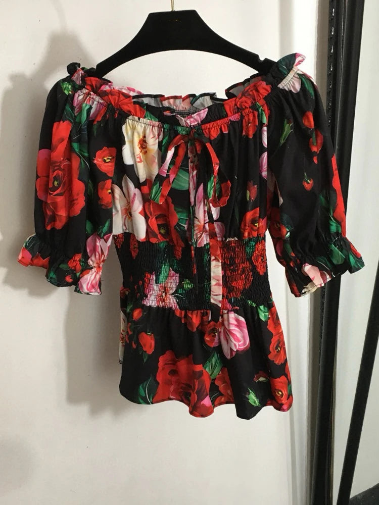 Retro Flower Printing Overskirt two-piece Suit
