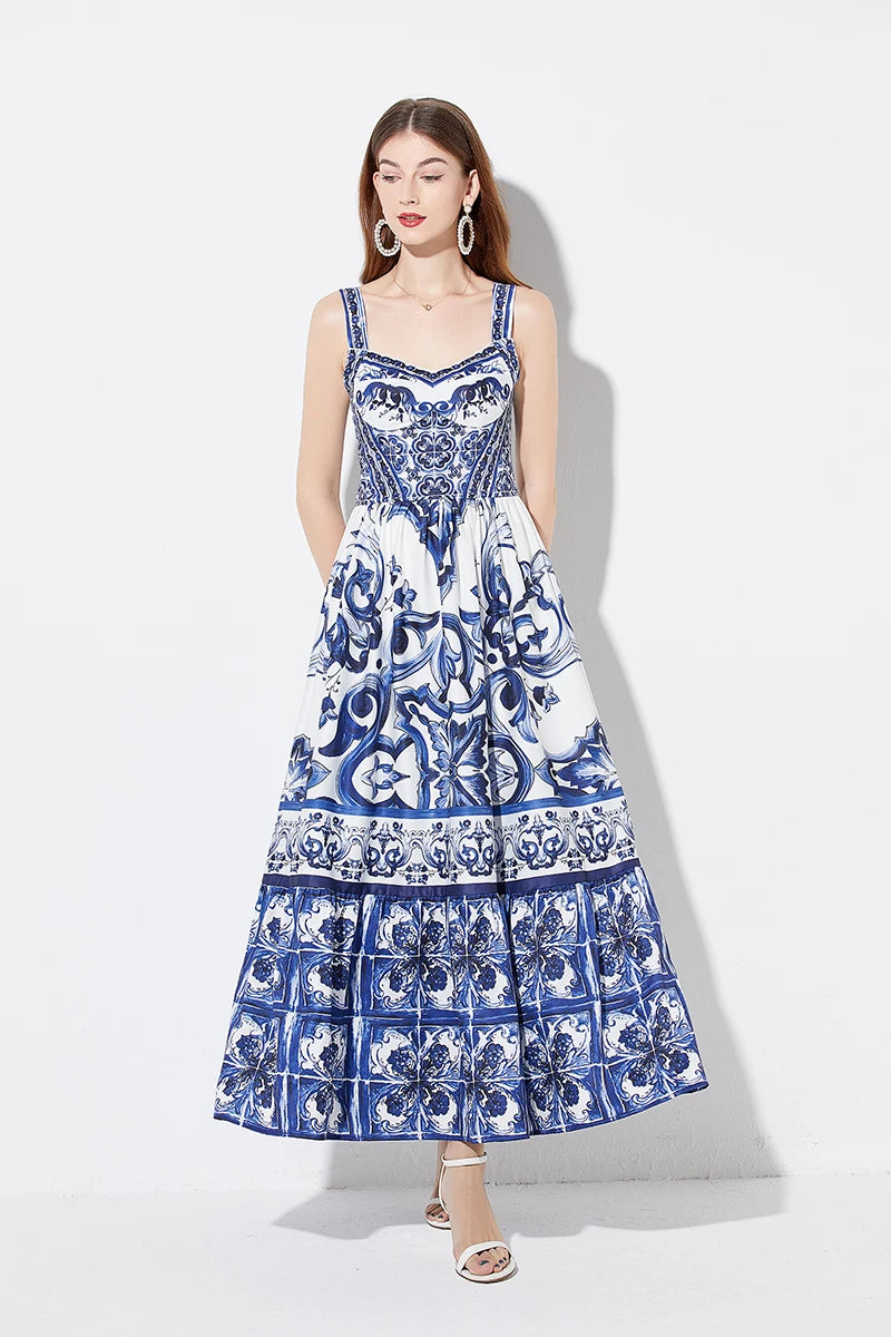 Purple Porcelain Summer Floral Maxi Dress