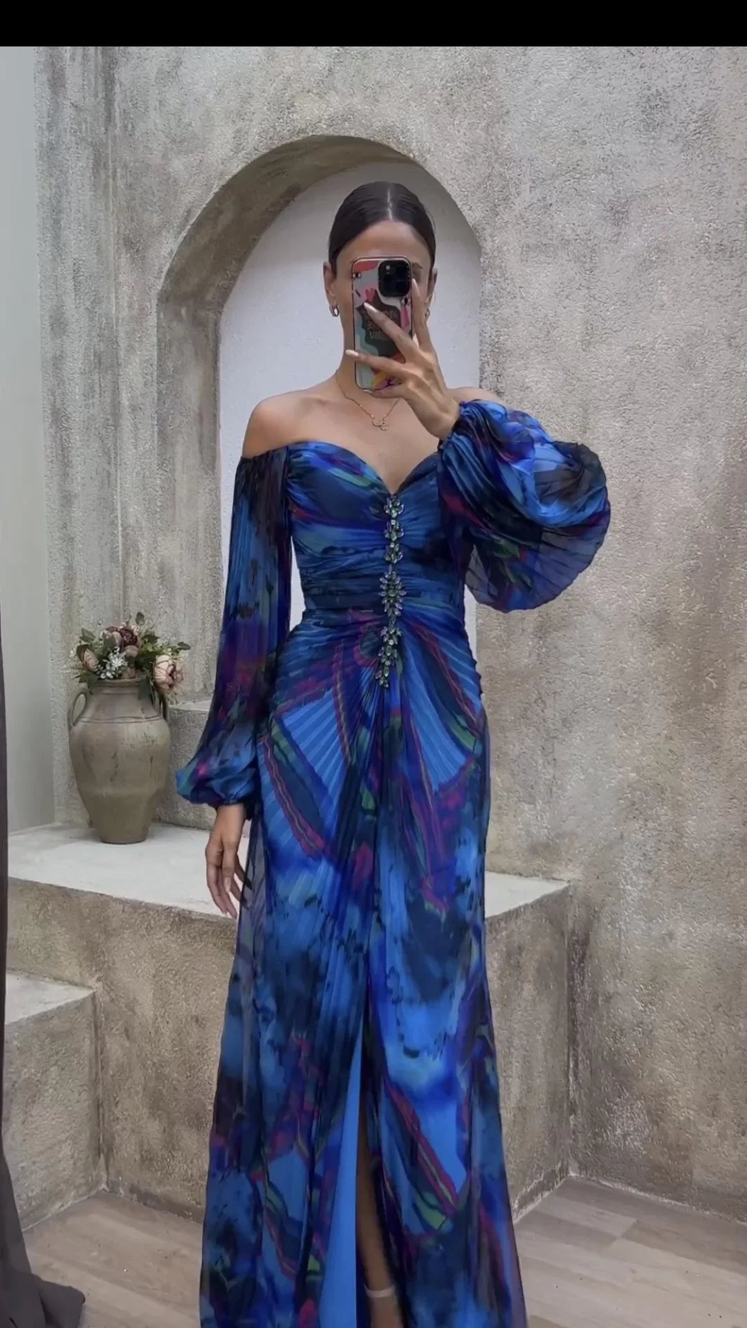 Elegant Ruched Pleated Tie-dye Print Dress