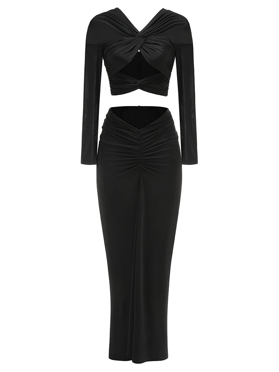 Sexy Hollow Out Long Sleeve Top + Pleated Skirt Sets