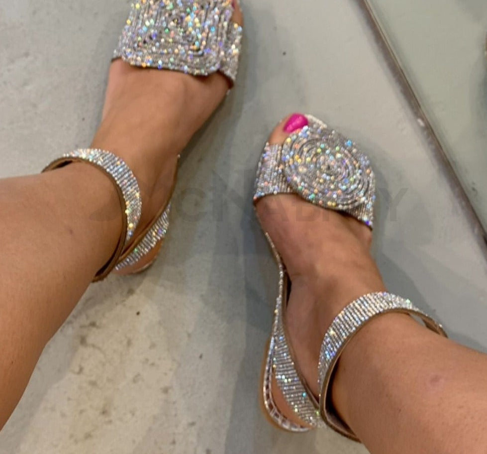 Full Rhinestone Luxurious Flat Sandals Ankle Strap Diamond