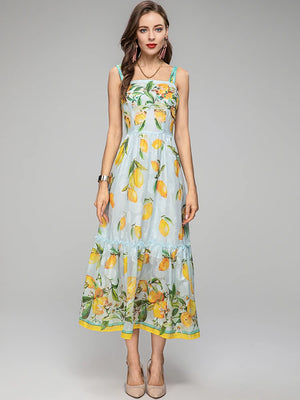 Runway Spaghetti Strap Crystal Sequins Beading Lemon Floral Print Dresses