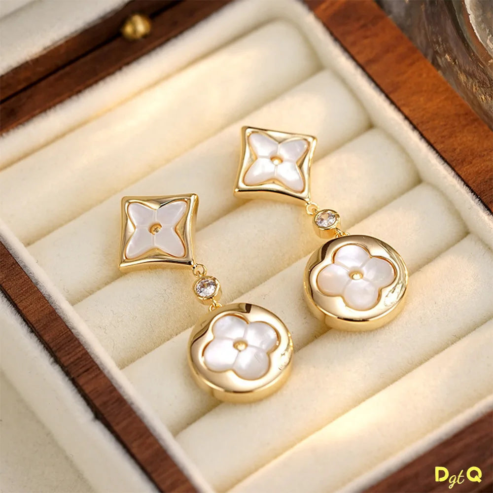 Vintage Double Flower Stainless Steel Acrylic with Leaf Flower Pendant Earrings