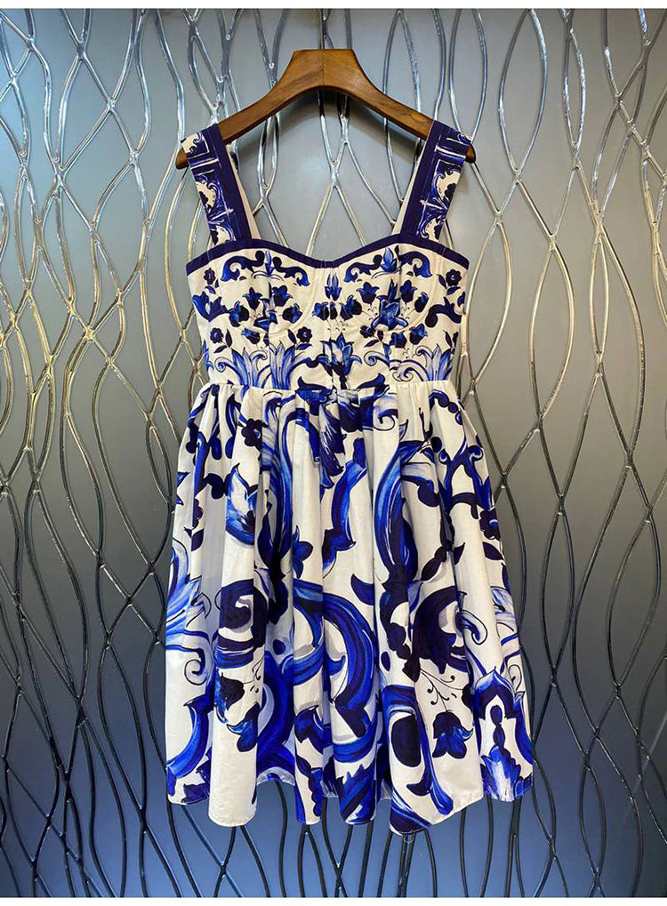High Quality Designer Blue And White Porcelain Print Cotton Dress