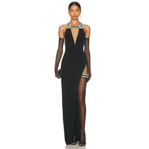 Diamond Neck Design High Split Long Bandage Dress