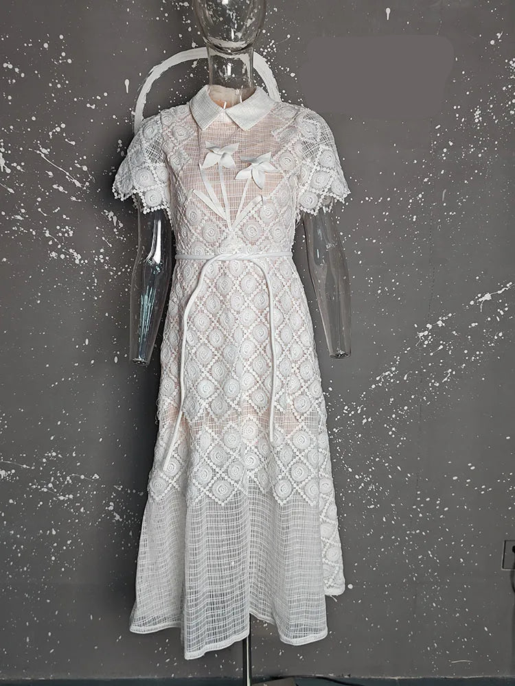Elegant Dress Lace Gauze Spliced Solid Color Dresses