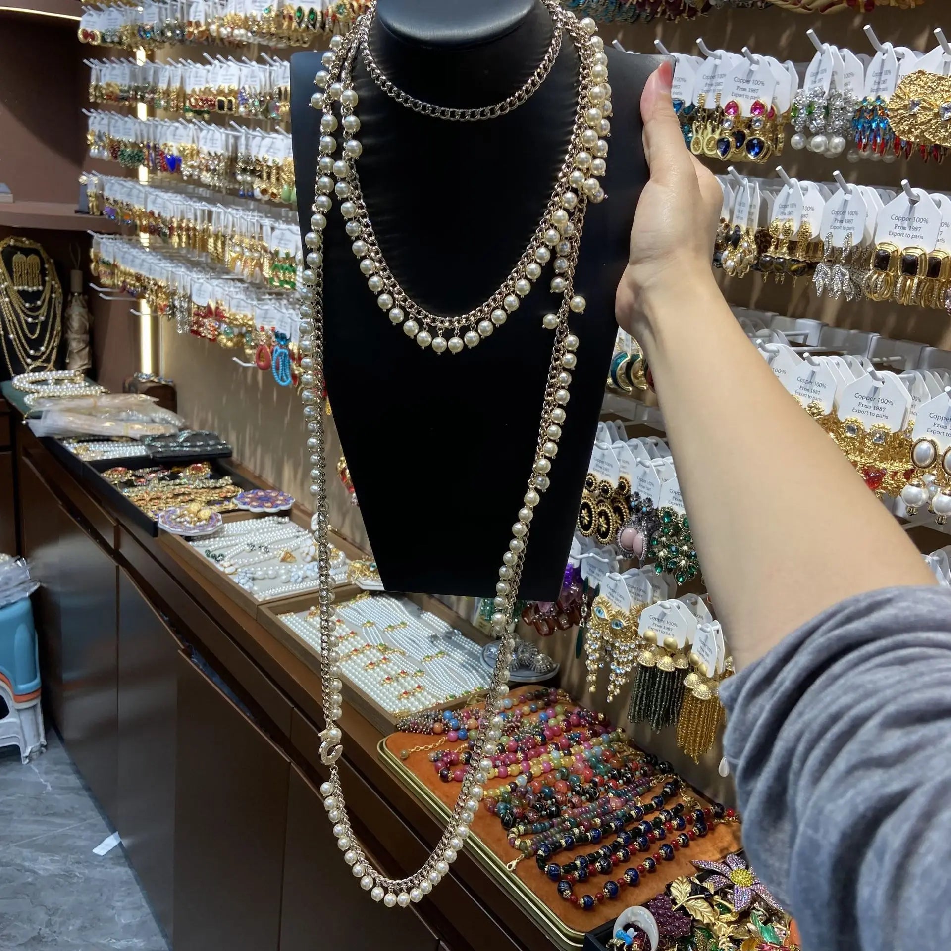 5 Lucky Number Necklace Three Layers with Pearl Necklace