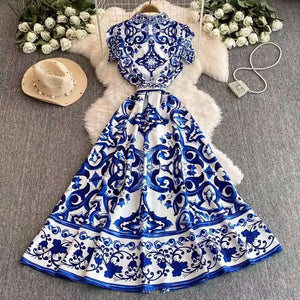 2025 Summer Blue White Porcelain Print Long Dress