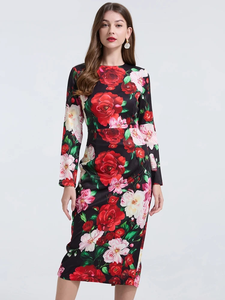 Elegant Rose Flower Pencil Dress