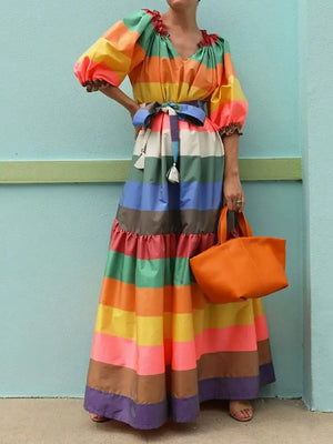 Puff Sleeves Multi-Colored Striped Dress