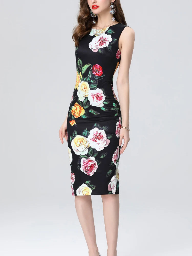Retro Printed Slim Fit Round Neck Vest Dress