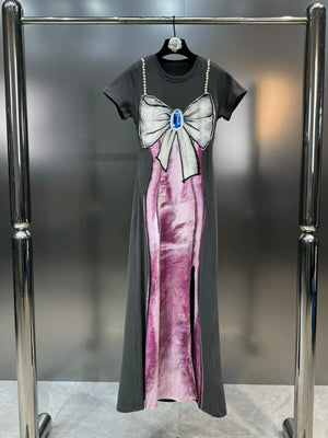 Pearls Bow Print Distressed Long Dress