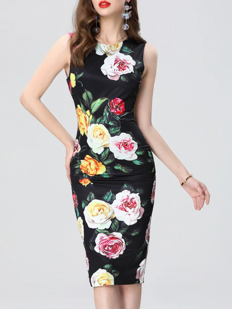 Retro Printed Slim Fit Round Neck Vest Dress