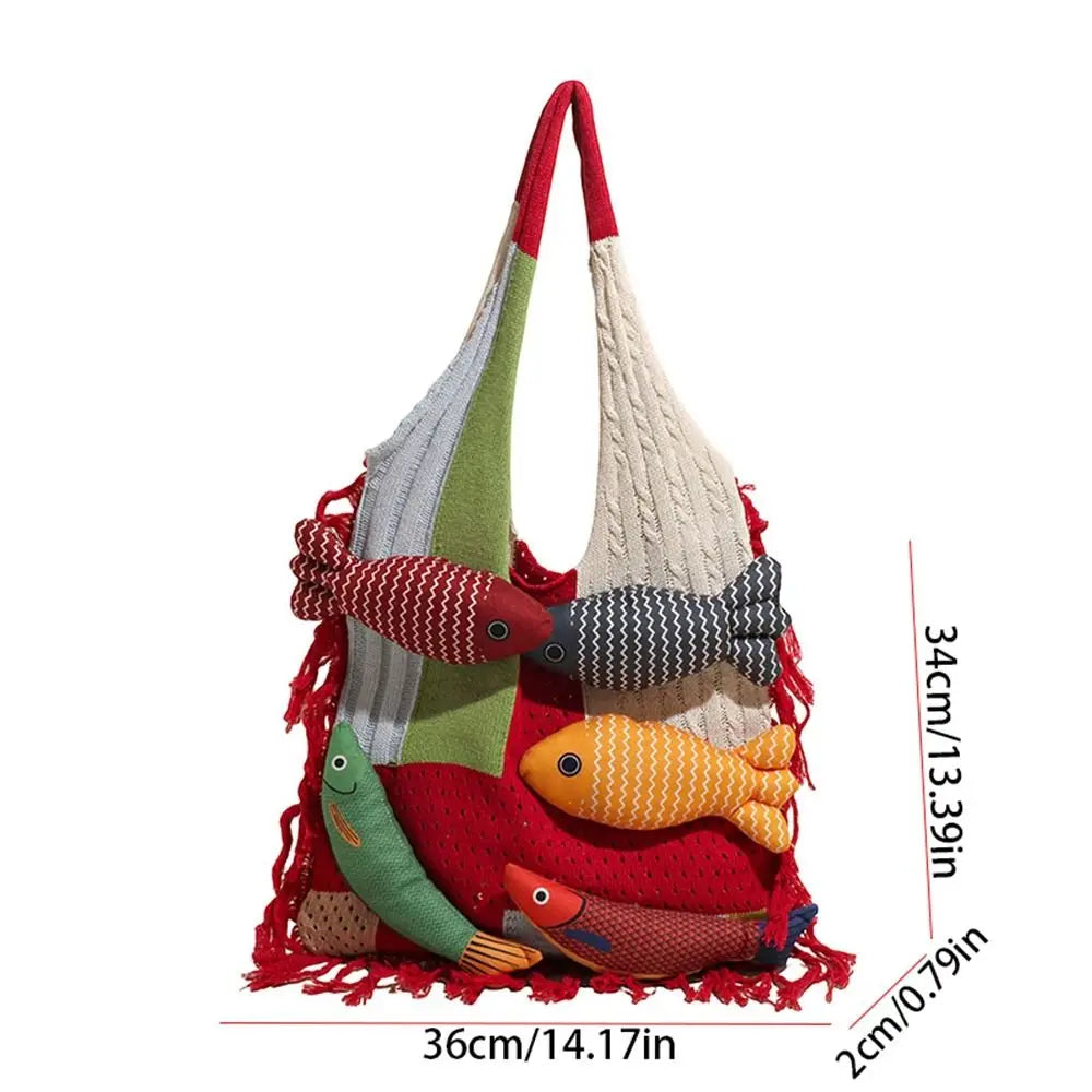 Summer Cotton Crochet Fish Large Capacity Hollow Out Weave Bag