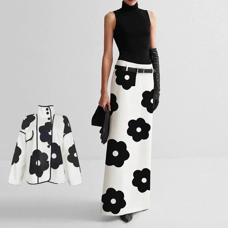 Spring Autumn Floral Printed Split-back Long Skirts Long Sleeves Jackets