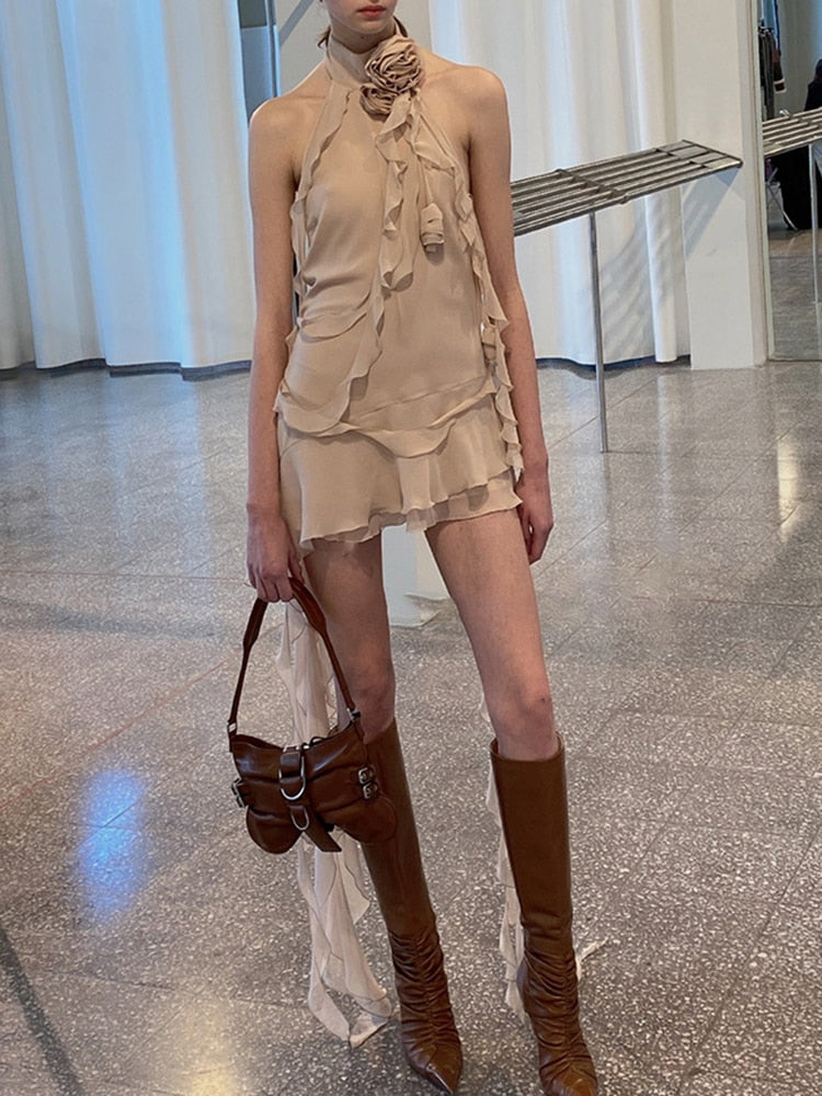 Halter High Waist Backless Irregular Ruffles Spliced Appliques Dresses