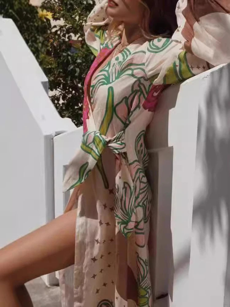 Elegant Printed Ethnic Style Cardigan Loose Long Skirt