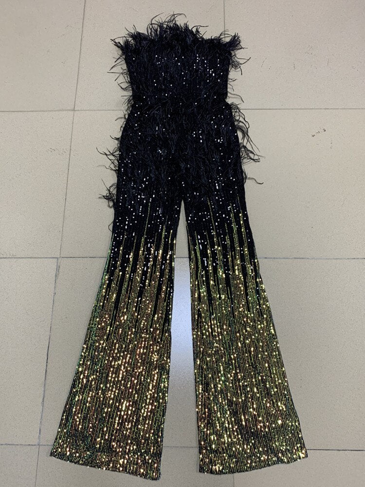 Luxury Sexy Strapless Backless Feather Mesh Sequins Bodycon Jumpsuit
