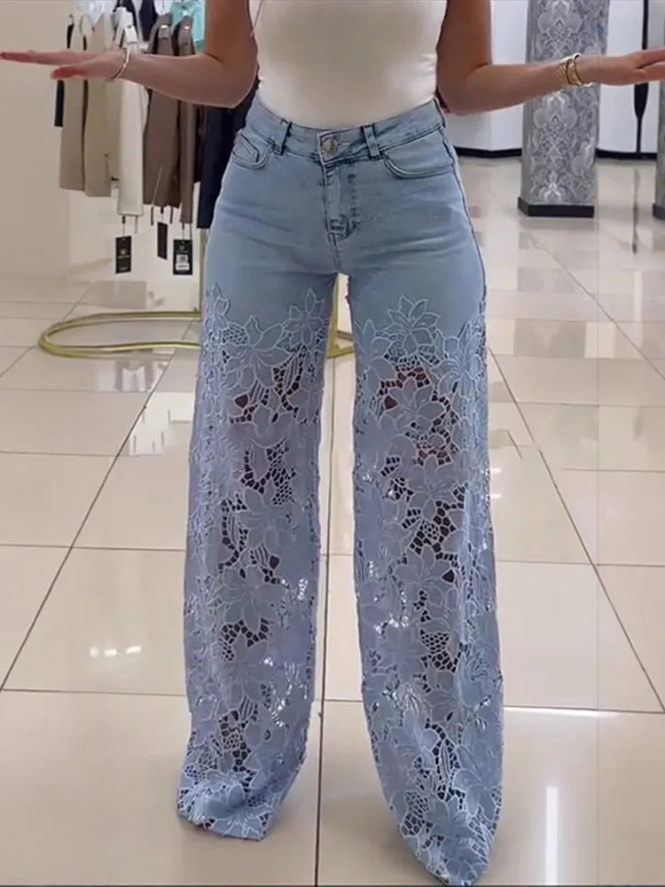 Plus Size Stretch Denim Jeans With Cut-Out Lace