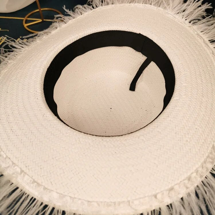 Vintage Socialite Feather Flat Top Straw Hat