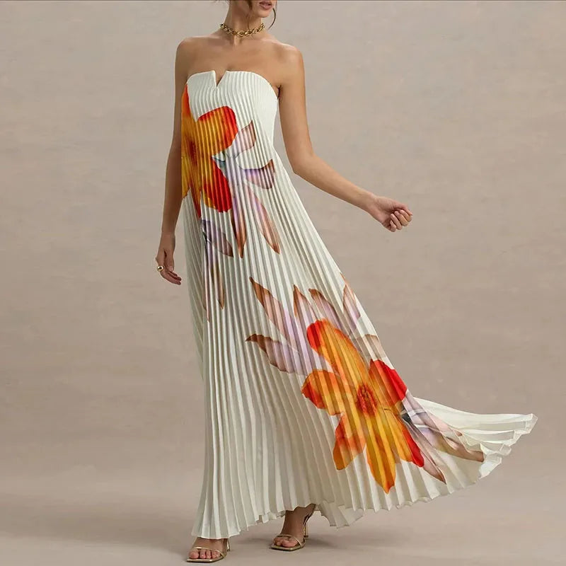 Elegant Floral Print A-Line Pleated Dress