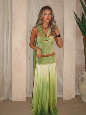 Gradient Pleated Top Skirt Set Beach Halter Suit