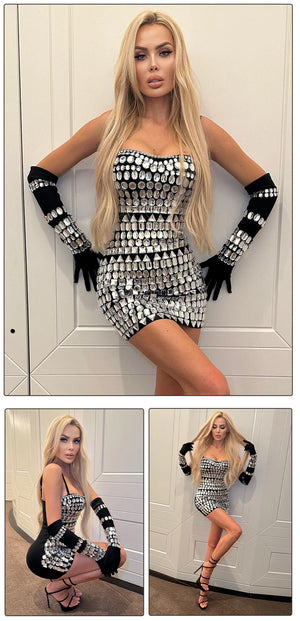 Luxury Gloves Diamond Bodycon Bandage Black Mini Dress