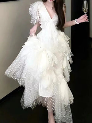 High-End White Mesh Embroidery Runway Dresses