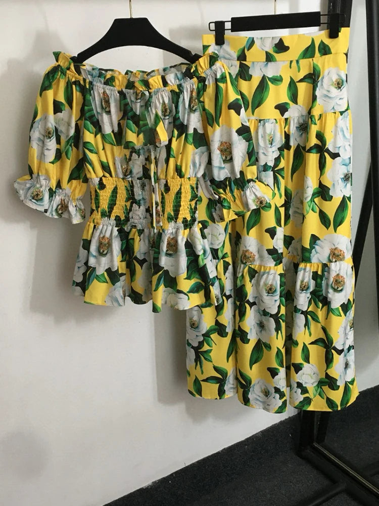 Retro Flower Printing Overskirt two-piece Suit