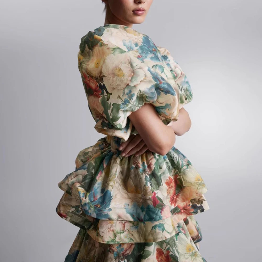 Hit Printing Puff Sleeve Loose A Line Vintage Dress