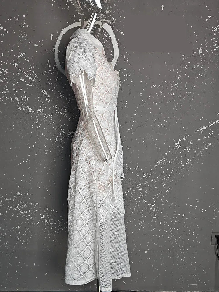 Elegant Dress Lace Gauze Spliced Solid Color Dresses