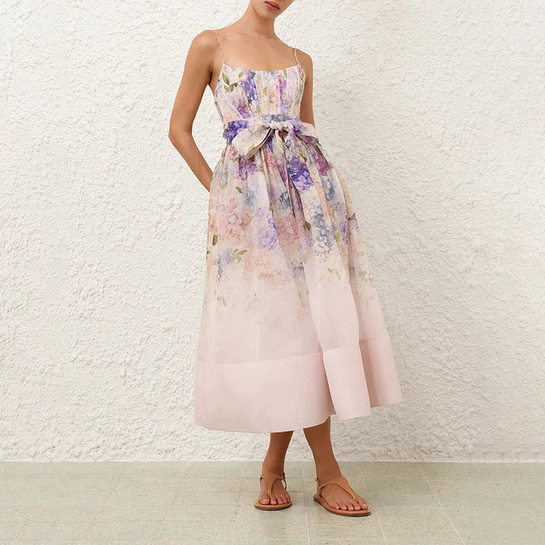 High Quality Silk Linen Spaghetti Beach Style Midi Dress