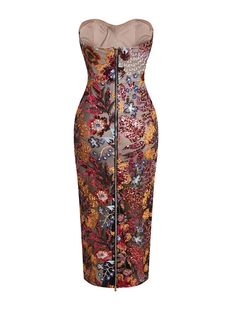 New Sexy Strapless Floral Sequin Long Dress