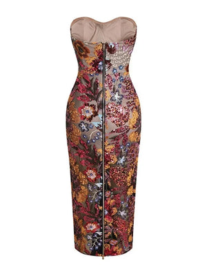 New Sexy Strapless Floral Sequin Long Dress