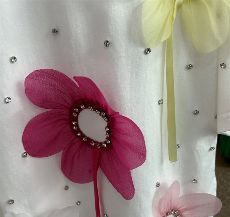 Chic Women 3D Mesh Flowers Diamonds Beaded Loose T-shirts