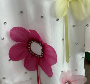 Chic Women 3D Mesh Flowers Diamonds Beaded Loose T-shirts
