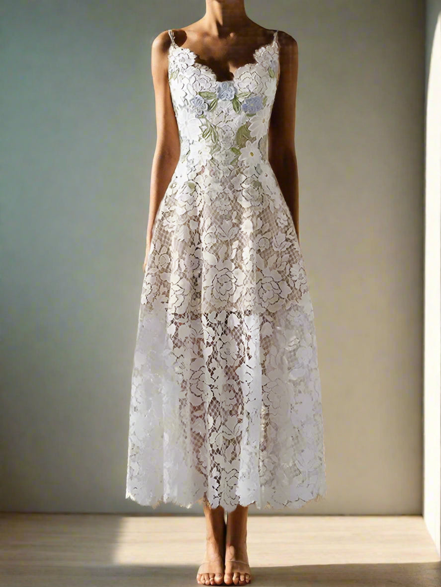 Elegant Rose Embroidery Lace Spliced Hollow Out Dresses