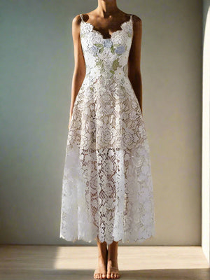 Elegant Rose Embroidery Lace Spliced Hollow Out Dresses