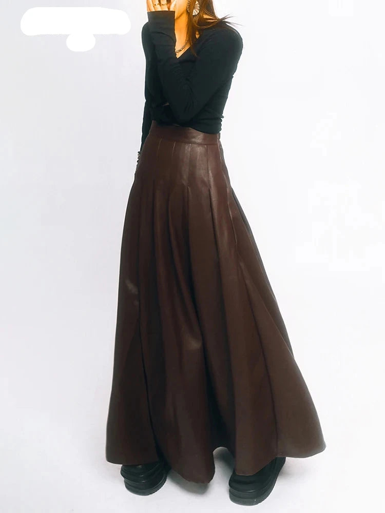 Chic Brown Soft Pu Leather Maxi Pleated Skirt