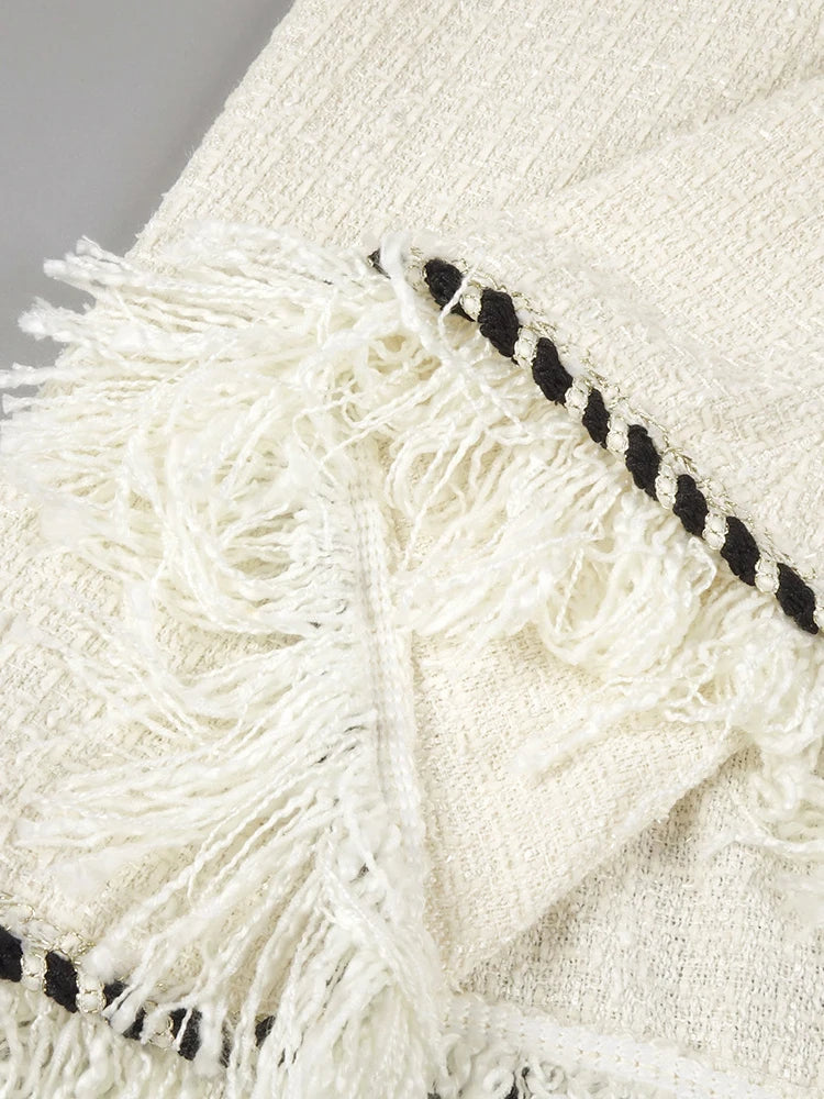 Elegant Dress Slip Tweed Pleated Tassel Edge Pockets Big Swing Dresses