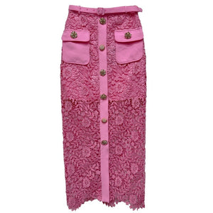 Button Decoration Pink Lace Cardigan/Same High Waist Skirt