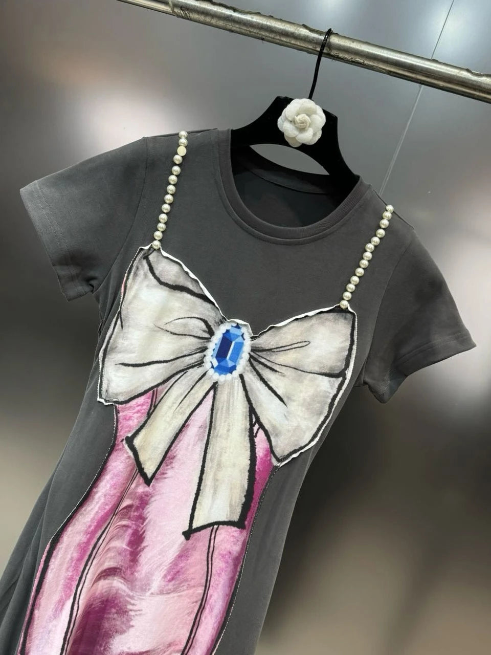 Pearls Bow Print Distressed Long Dress