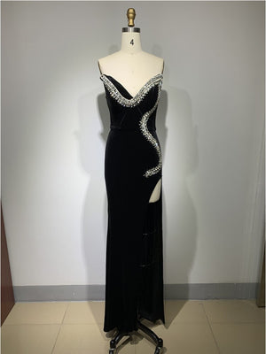 Backless Crystal Velvet Black Maxi Long Bodycon Gowns