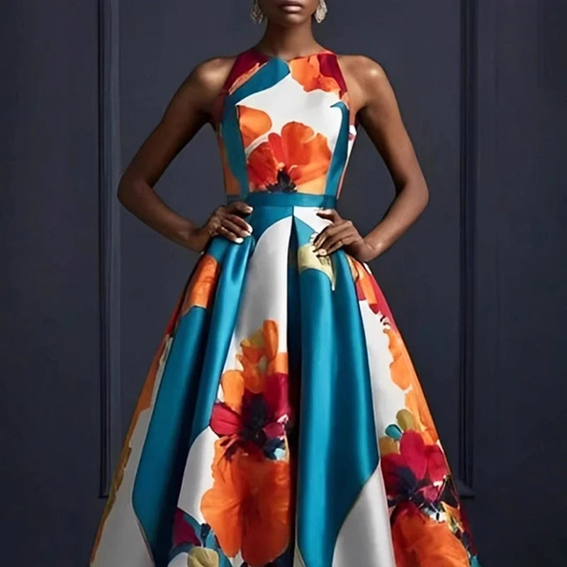 Elegant Floral Print Hem Party Dress