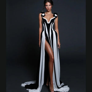 Stereoscopic Flowers White and Black Bandage long Dress