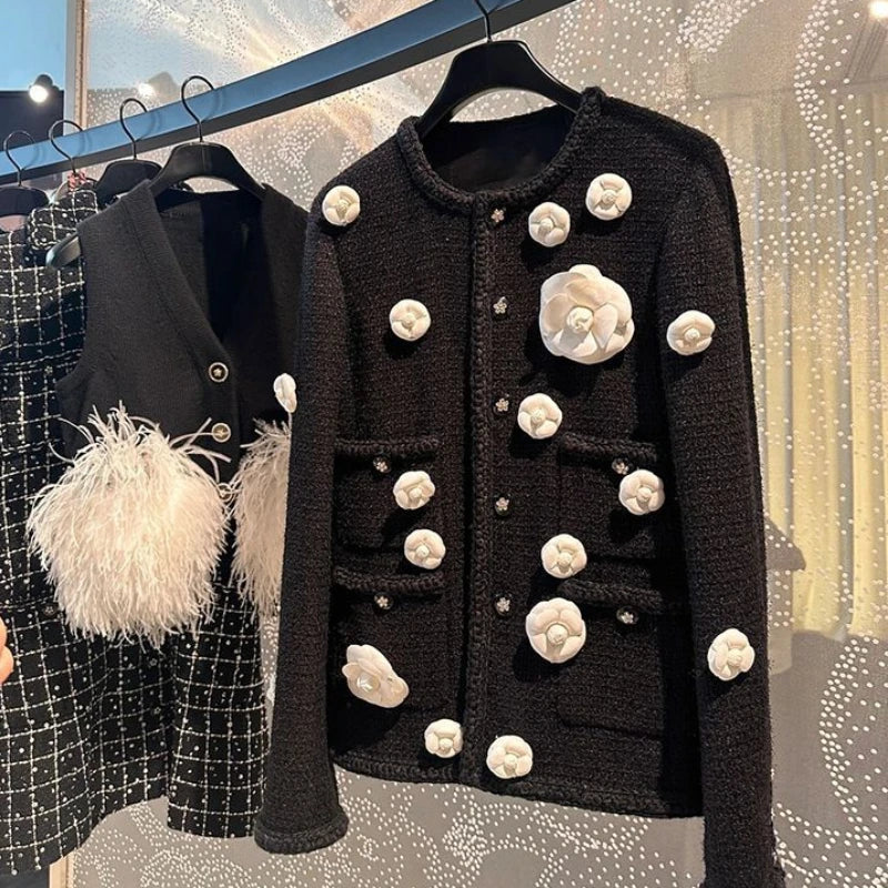 Runway Black Tweed 3D Floral  Woolen Coat
