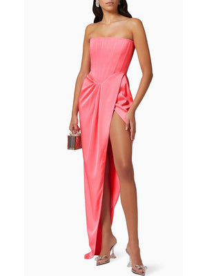Strapless High Split Pink Bandage Dress