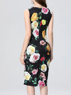 Retro Printed Slim Fit Round Neck Vest Dress