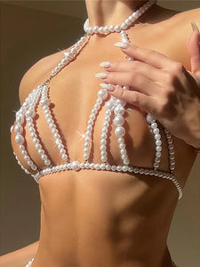 Luxury Pearls Halter Hollow Out See Through Bikini Top